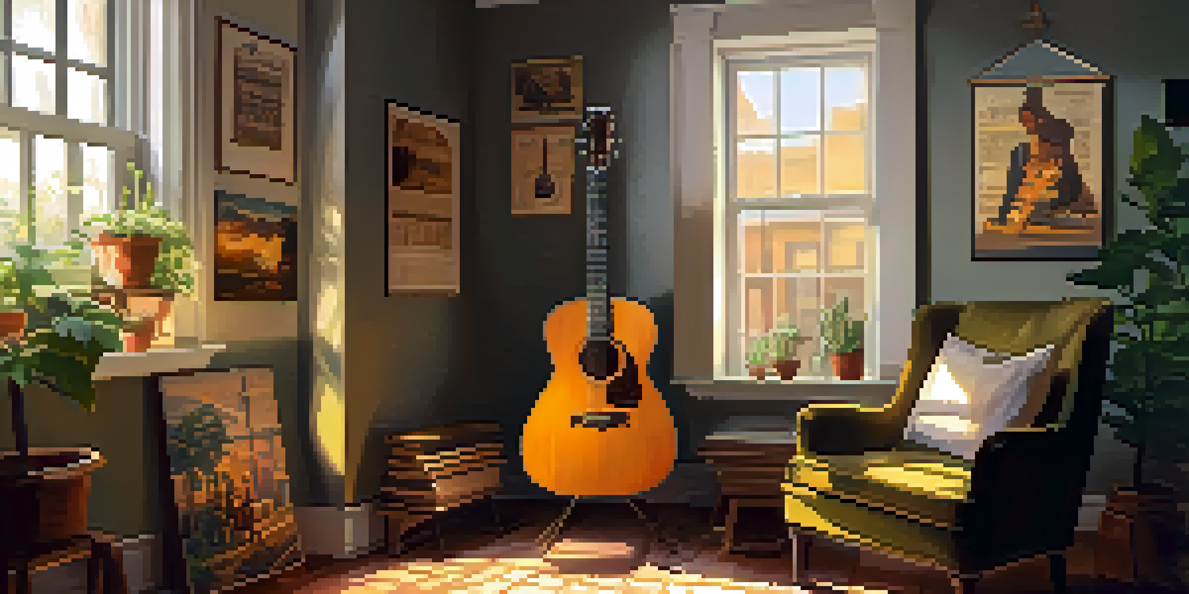 A sunlit room featuring a wooden guitar, vintage chair, musician posters, and a plant, illuminated by warm golden light.