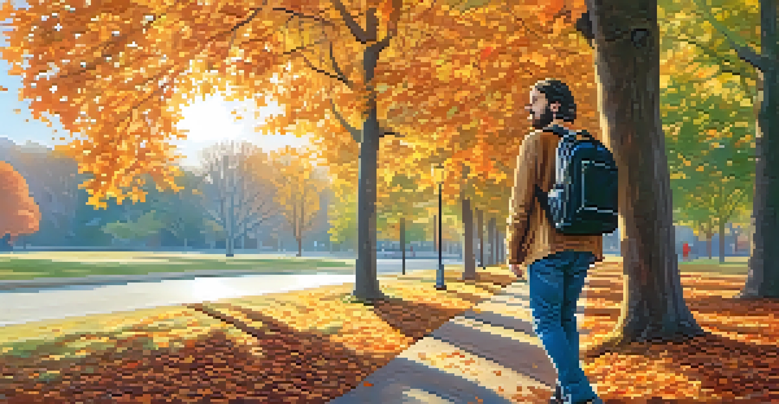 A guitarist walking through a park in autumn, wearing a backpack-style gig bag, surrounded by colorful leaves and sunlight filtering through trees.