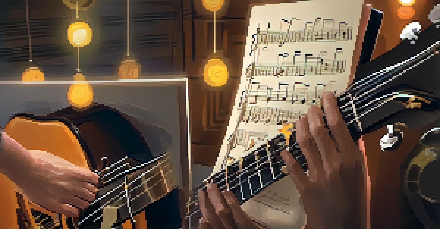 A musician's hands on a guitar, practicing with a digital metronome on a music stand in a cozy room filled with musical notes.