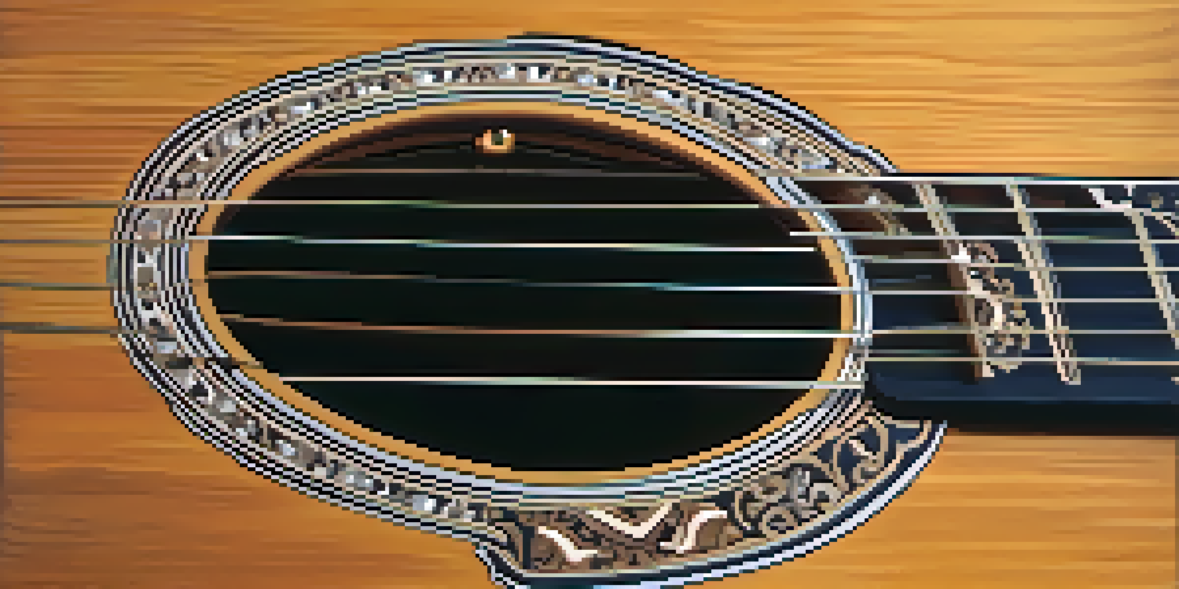 A close-up view of an acoustic guitar's interior, focusing on the intricate bracing patterns and natural wood textures, illuminated by soft lighting.