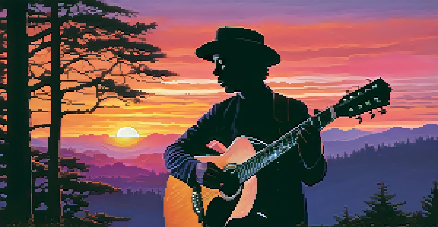 A silhouette of a musician playing a guitar outdoors at sunset, with vibrant colors in the sky and trees surrounding them.