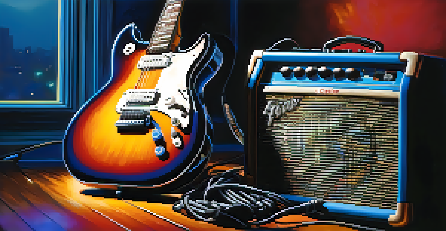 A vibrant blue electric guitar leaning against a vintage amplifier with colorful LED lights in the background.