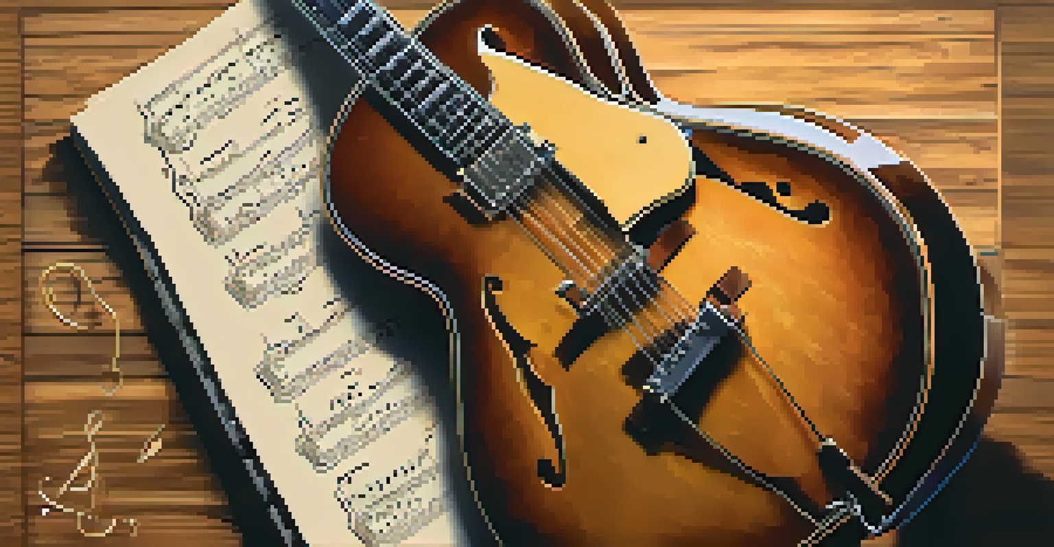 A jazz guitar on a stand with sheet music in a cozy practice room setting.