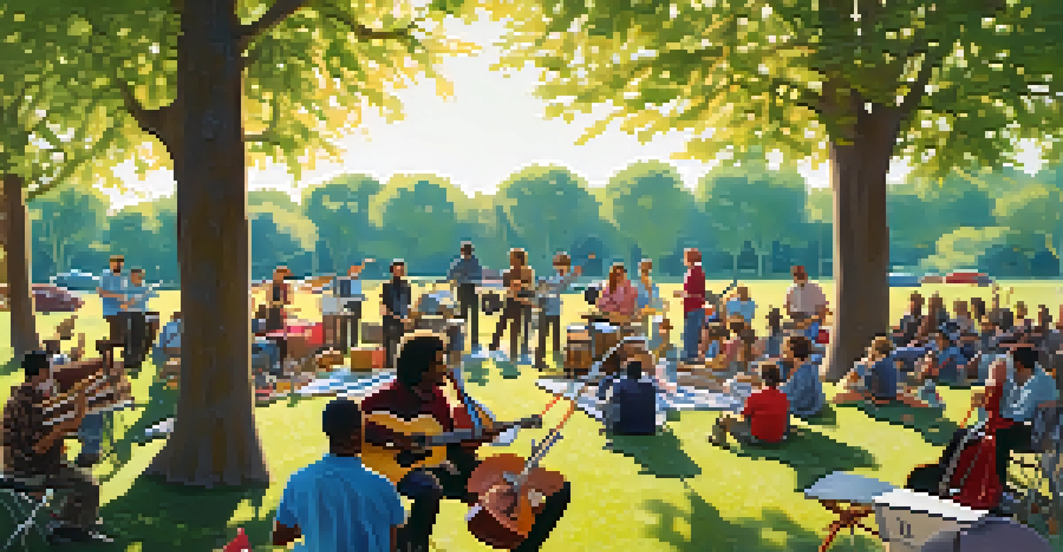 Musicians collaborating in a sunlit park during an outdoor jam session with guitars and drums.