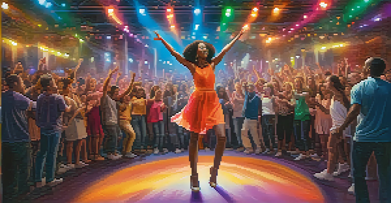 A performer interacting with a lively audience, using expressive body language against a colorful backdrop.