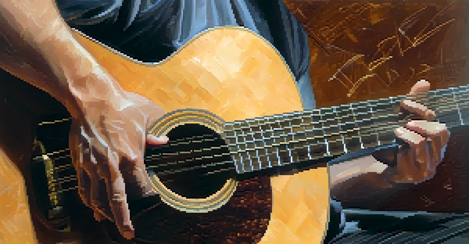 Close-up of a guitarist's hands playing an acoustic guitar, with sheet music in the background and warm lighting enhancing the scene.