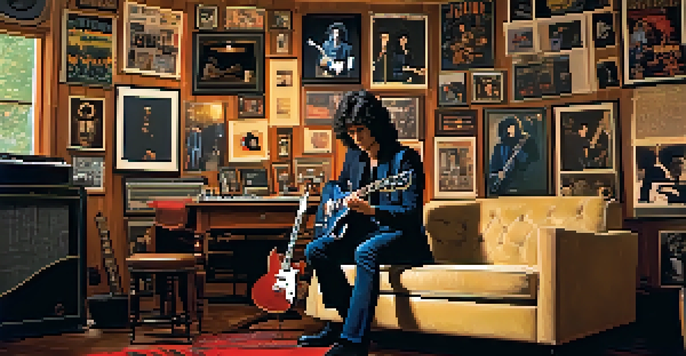 A young musician playing an electric guitar in a vintage room filled with musical instruments and vinyl records.
