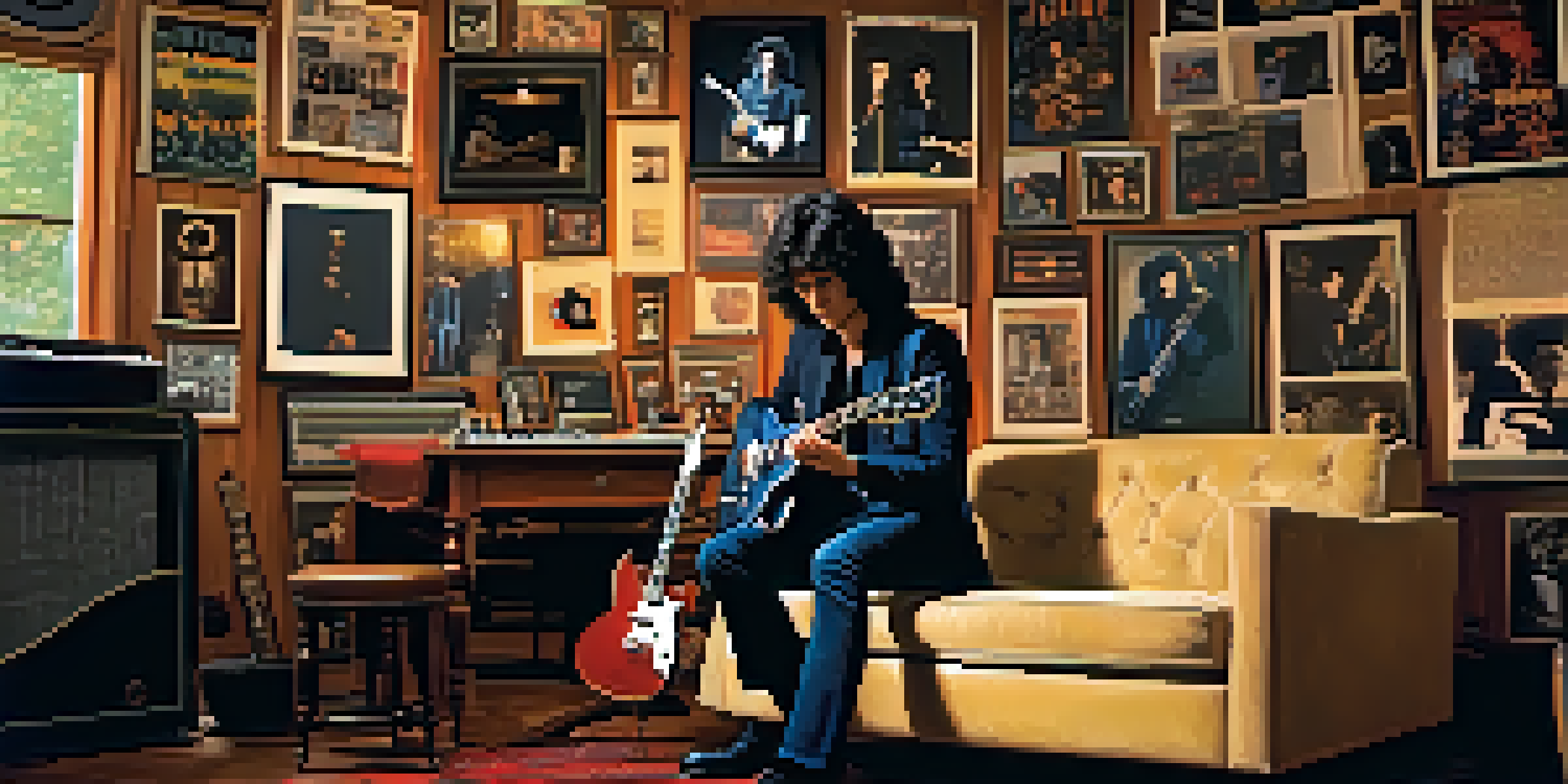 A young musician playing an electric guitar in a vintage room filled with musical instruments and vinyl records.