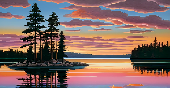 A picturesque sunset over a calm lake, with colorful reflections and silhouetted pine trees.