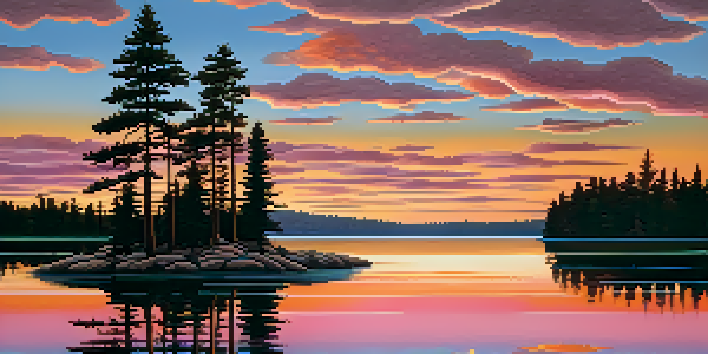 A picturesque sunset over a calm lake, with colorful reflections and silhouetted pine trees.