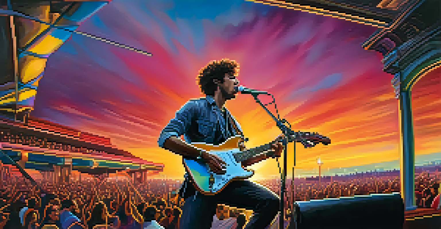 A guitarist performing a solo at an outdoor concert during sunset, with expressive lighting and audience in the background.