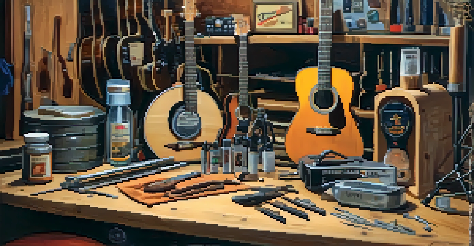 An arrangement of guitar maintenance tools on a workbench, including string cutters and a tuner, set in a workshop environment.