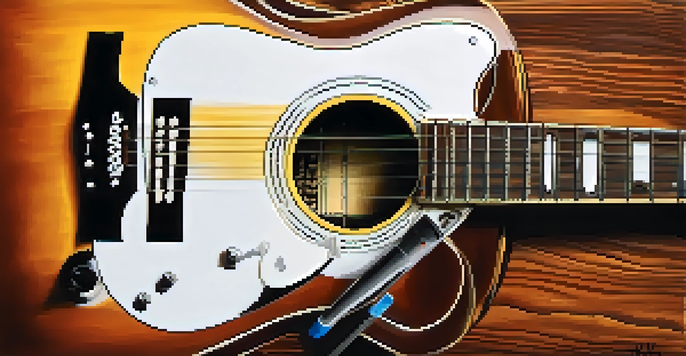A polished acoustic guitar on a wooden table with maintenance tools like a microfiber cloth and guitar cleaner around it.