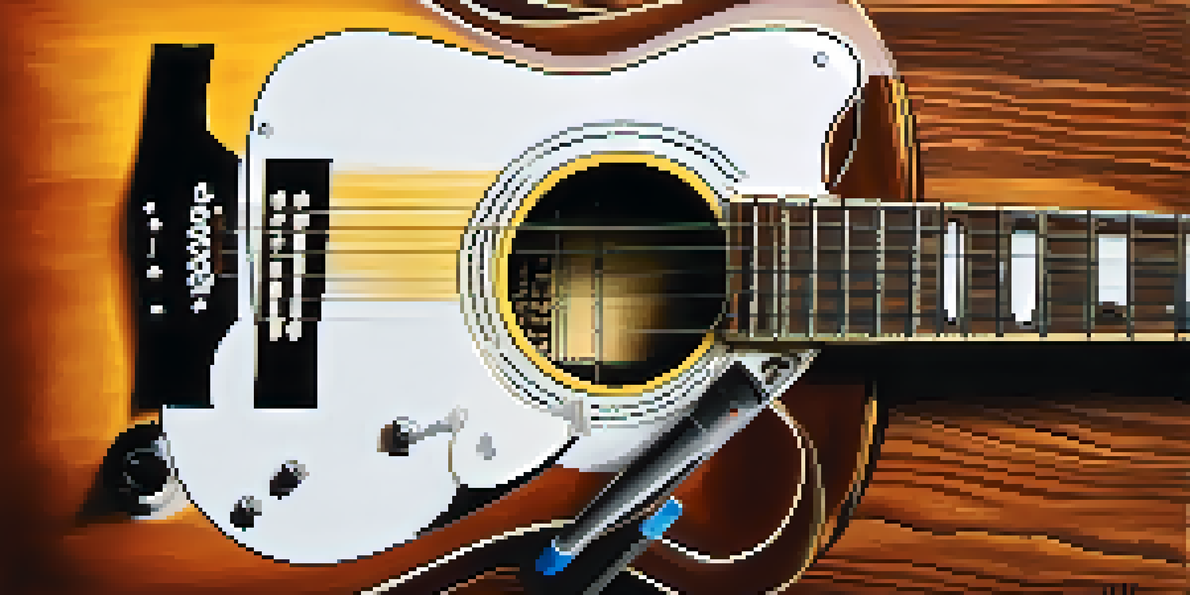 A polished acoustic guitar on a wooden table with maintenance tools like a microfiber cloth and guitar cleaner around it.