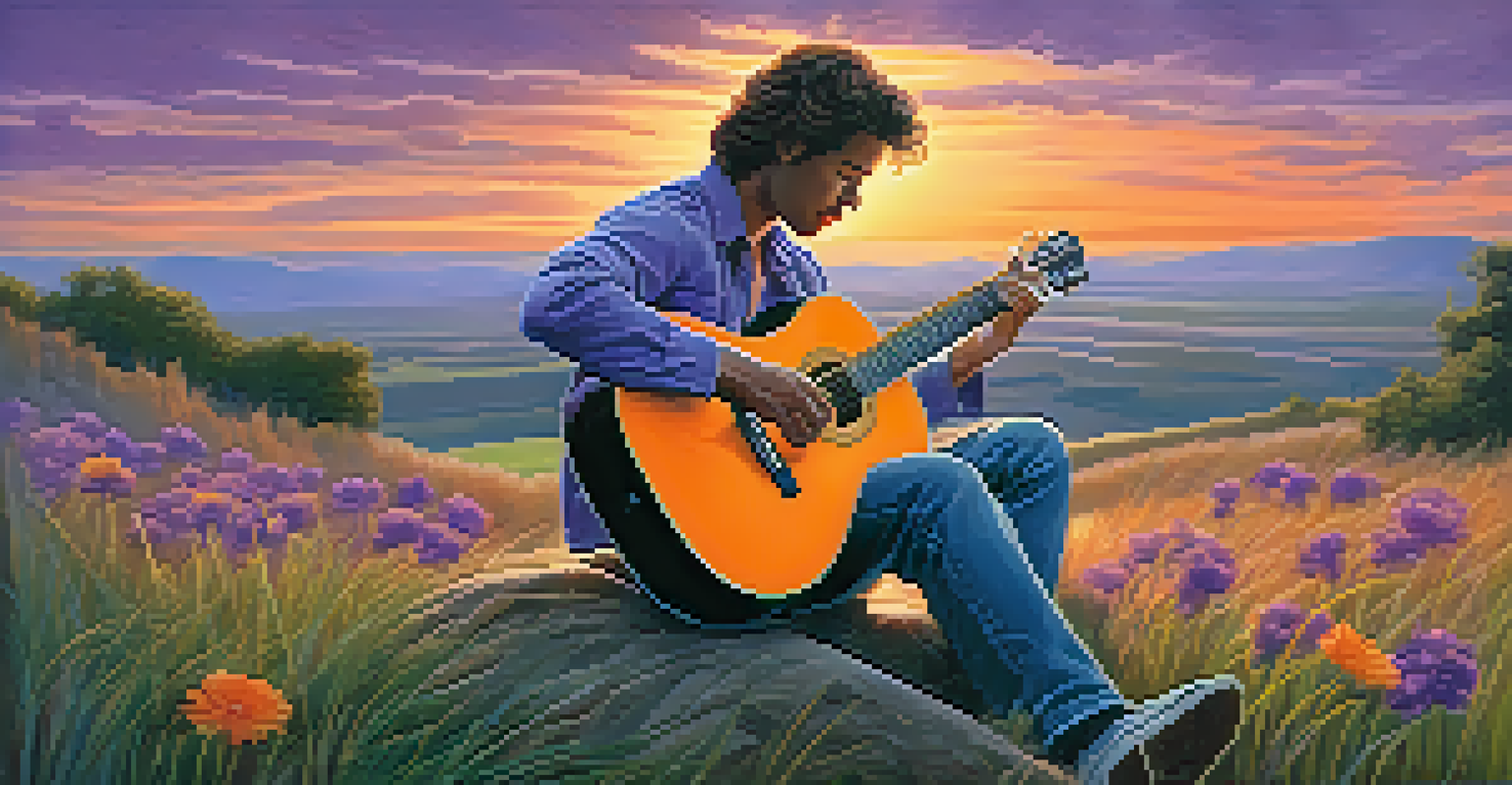 A guitarist sitting on a hill at sunset, playing an acoustic guitar, surrounded by flowers and tall grass under a colorful sky.