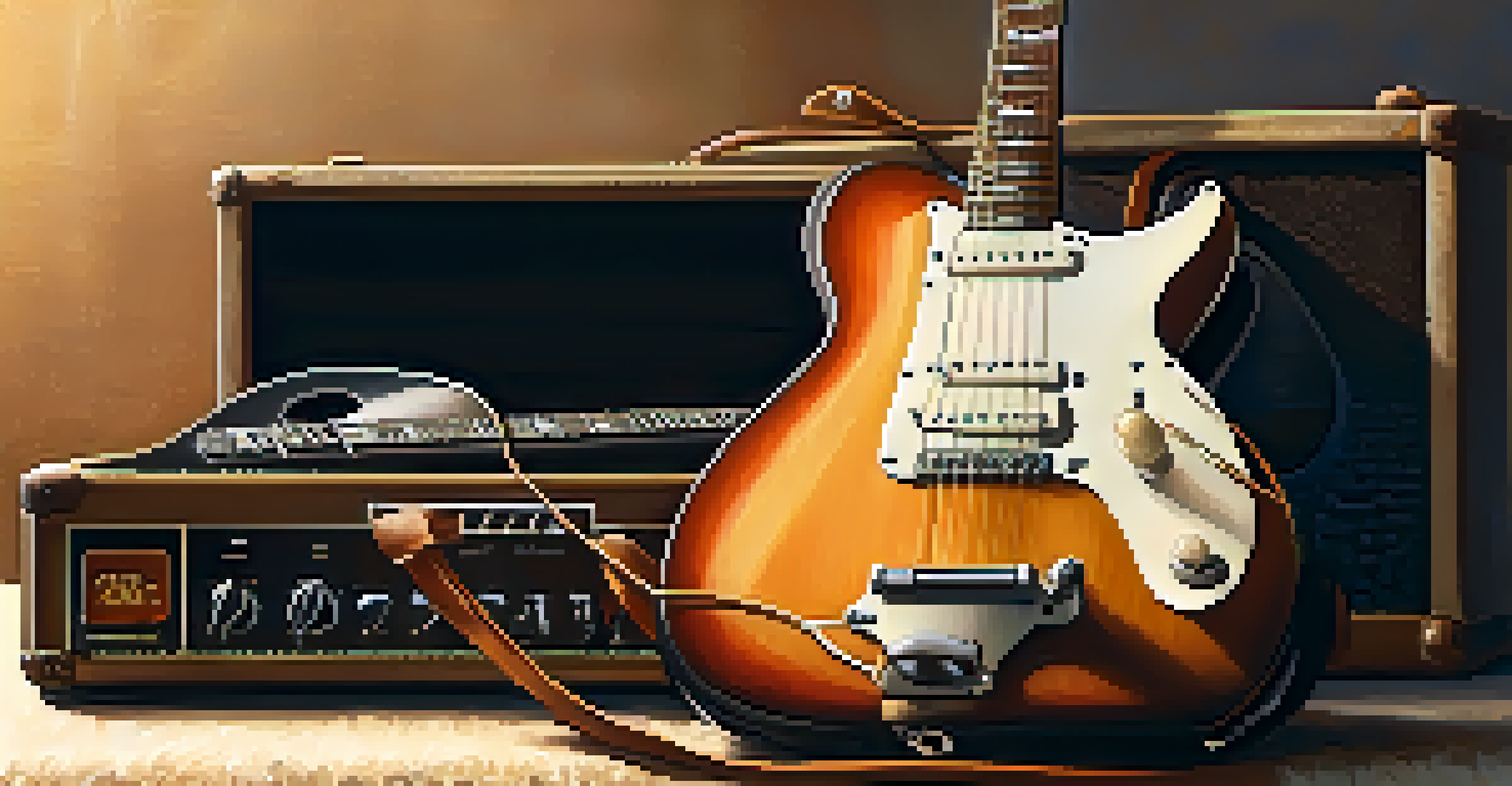 A beautifully maintained electric guitar on a vintage amplifier with a cleaning cloth and string cleaner, bathed in warm light.