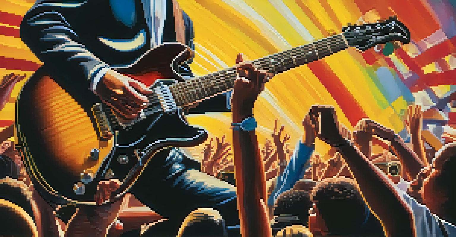 Close-up of a guitarist's hands playing a bright sunburst guitar, with a blurred crowd dancing in the background.