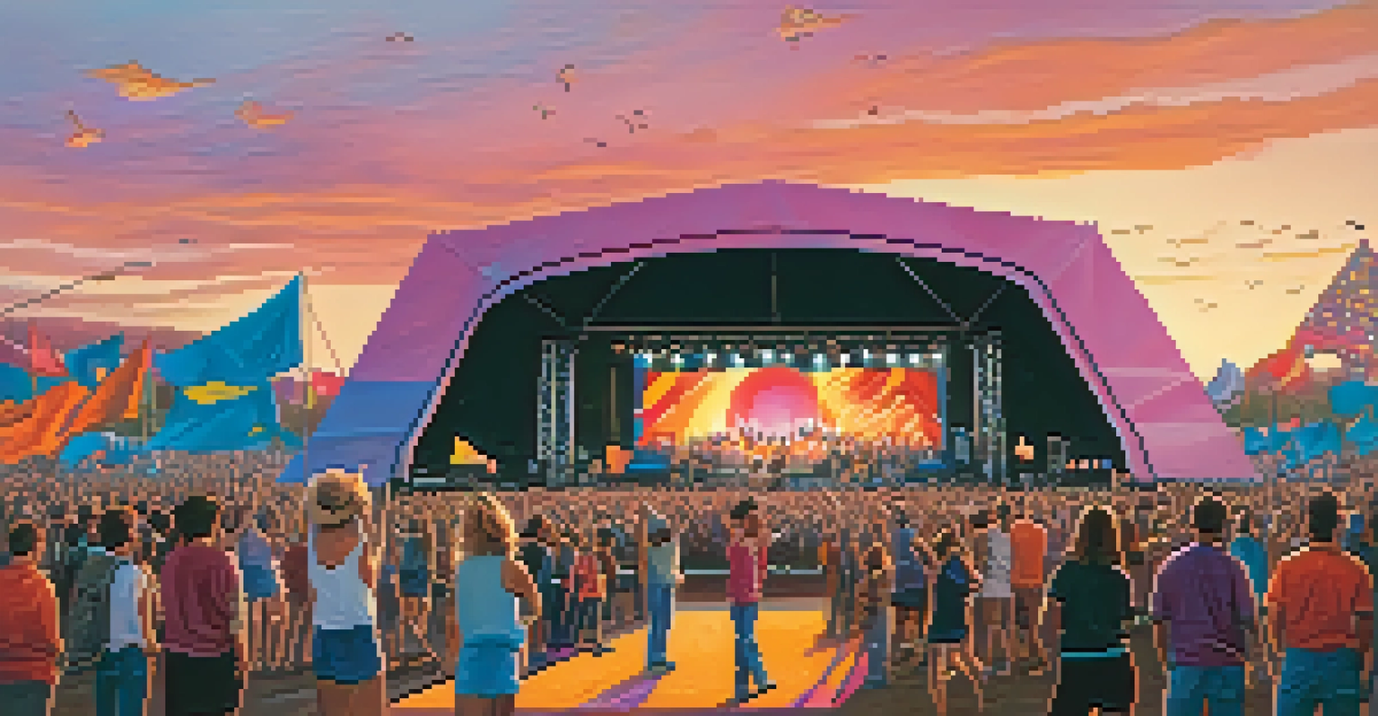 A vibrant outdoor rock festival at sunset, with a crowd in front of a stage and colorful flags waving, creating an energetic and festive atmosphere.
