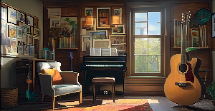 A warm and inviting guitar teaching studio with wooden interiors, colorful guitars, and framed student photos.