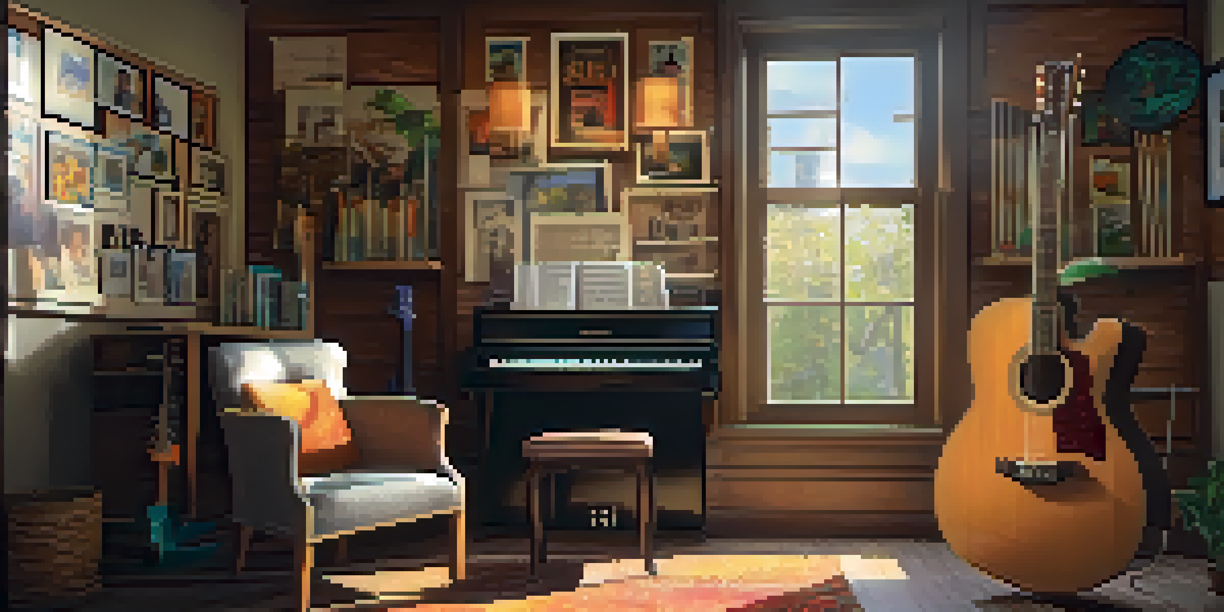 A warm and inviting guitar teaching studio with wooden interiors, colorful guitars, and framed student photos.