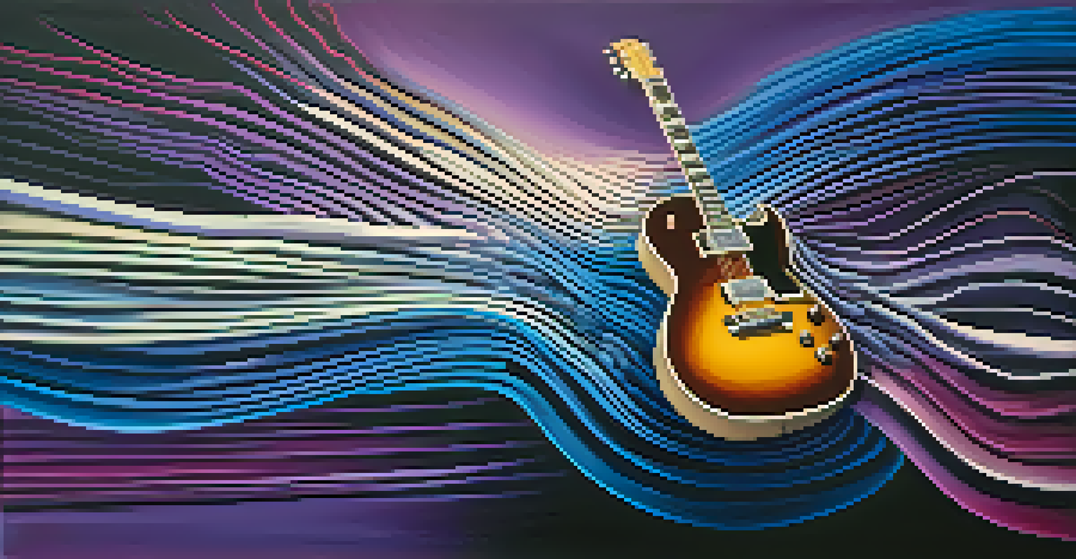 An abstract image depicting colorful sound waves emanating from a guitar, representing musical expression and emotion.
