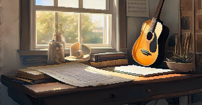 A cozy music studio with an acoustic guitar on a stand, surrounded by sheet music and a lamp casting warm light.