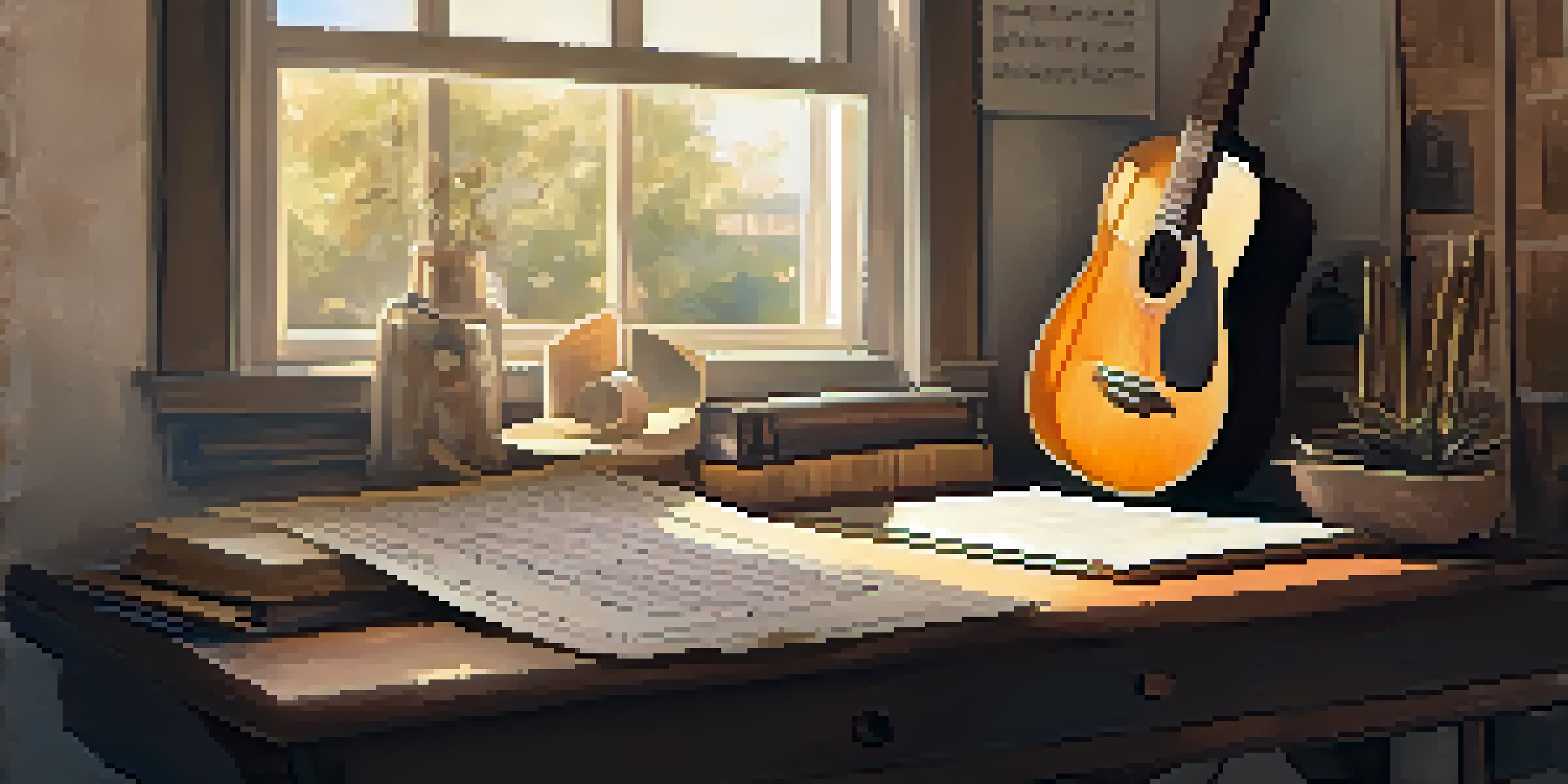 A cozy music studio with an acoustic guitar on a stand, surrounded by sheet music and a lamp casting warm light.