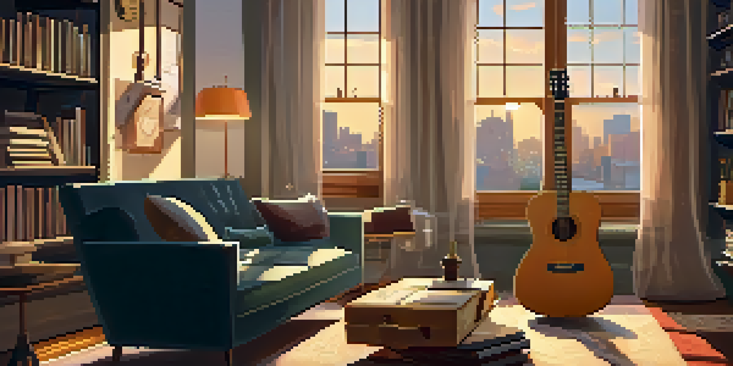 A living room with an acoustic guitar leaning against an armchair, warm light from a window, and musical posters on the walls.