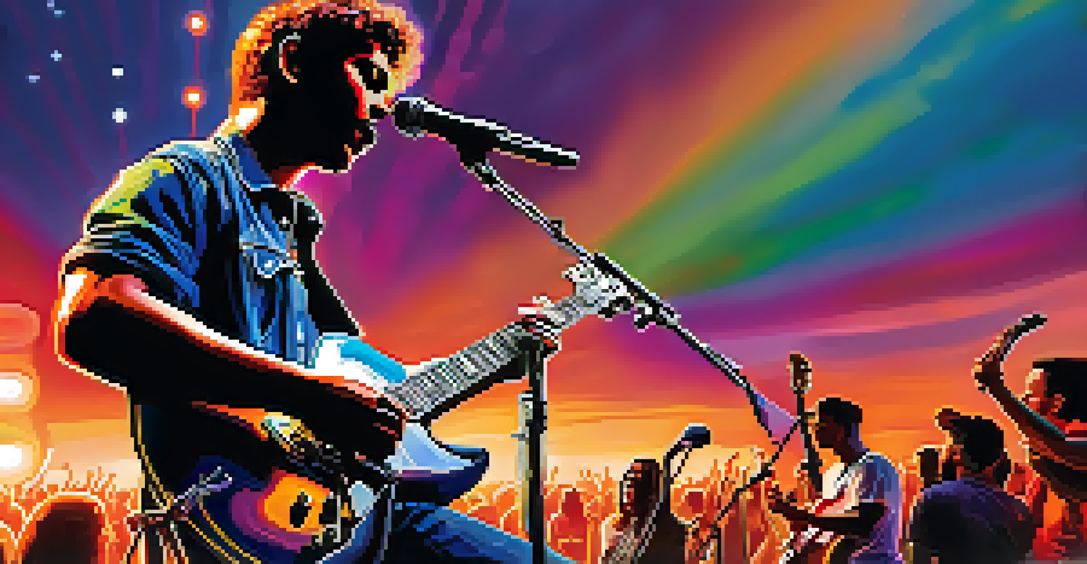 Musician performing on stage outdoors with a sunset background and an engaged crowd.
