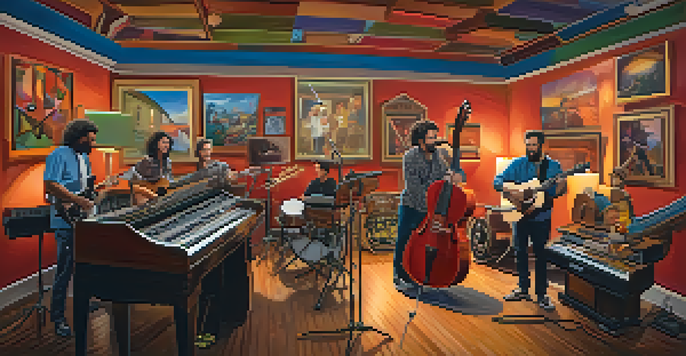 A group of musicians joyfully collaborating in a cozy studio filled with musical instruments, warm lighting, and colorful artwork.