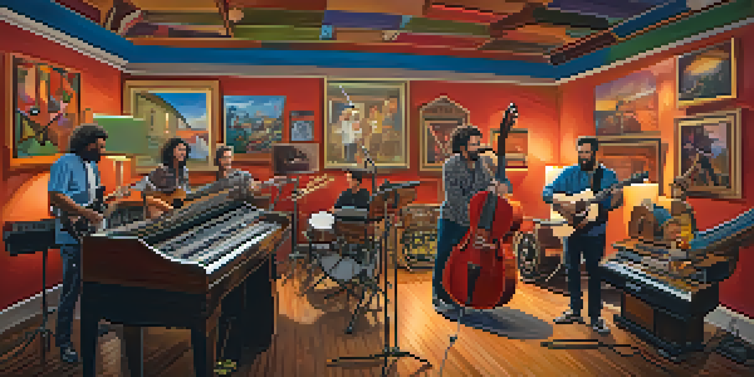 A group of musicians joyfully collaborating in a cozy studio filled with musical instruments, warm lighting, and colorful artwork.