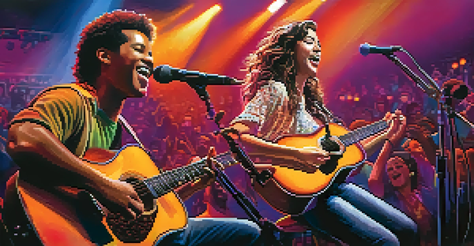 Two musicians performing on stage with a colorful backdrop and an engaged audience.