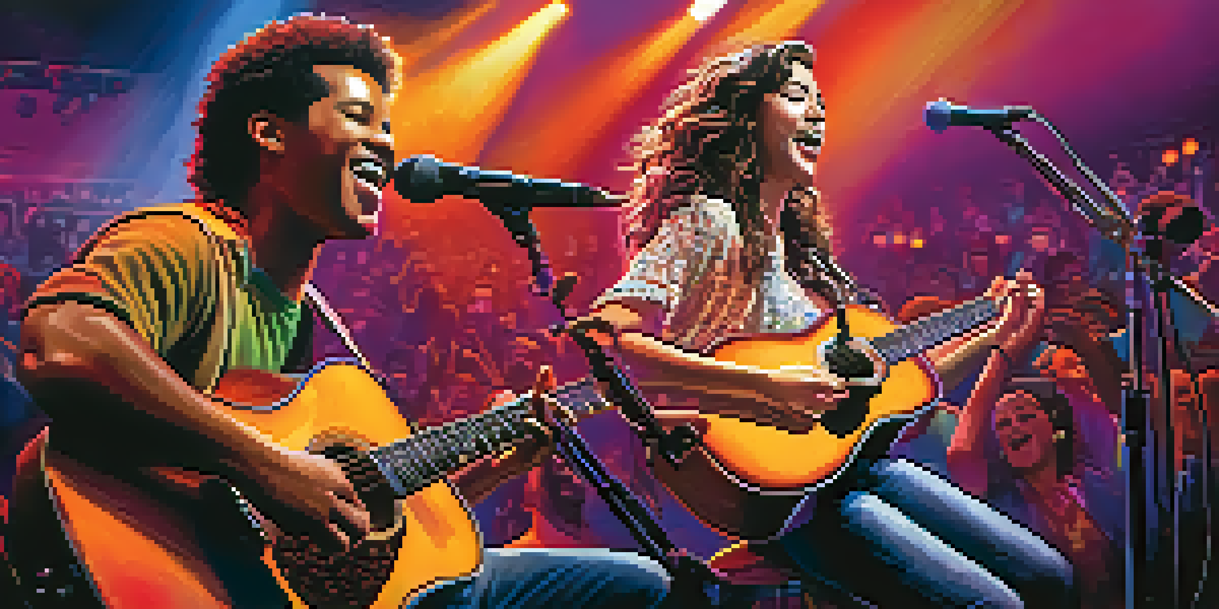 Two musicians performing on stage with a colorful backdrop and an engaged audience.