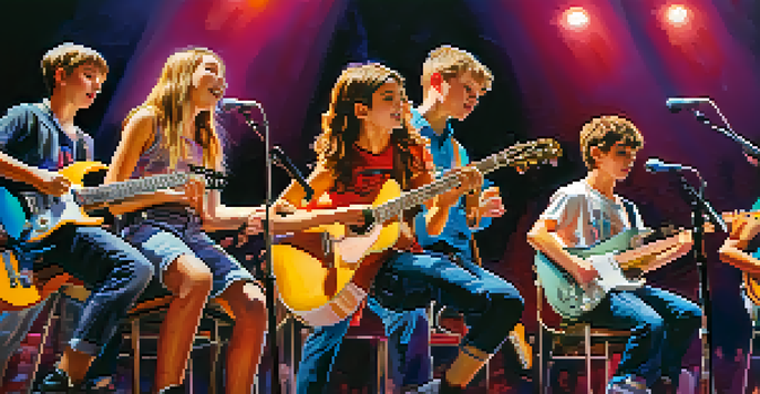 Young guitarists performing on stage at a competition, with colorful lights and an engaged audience.