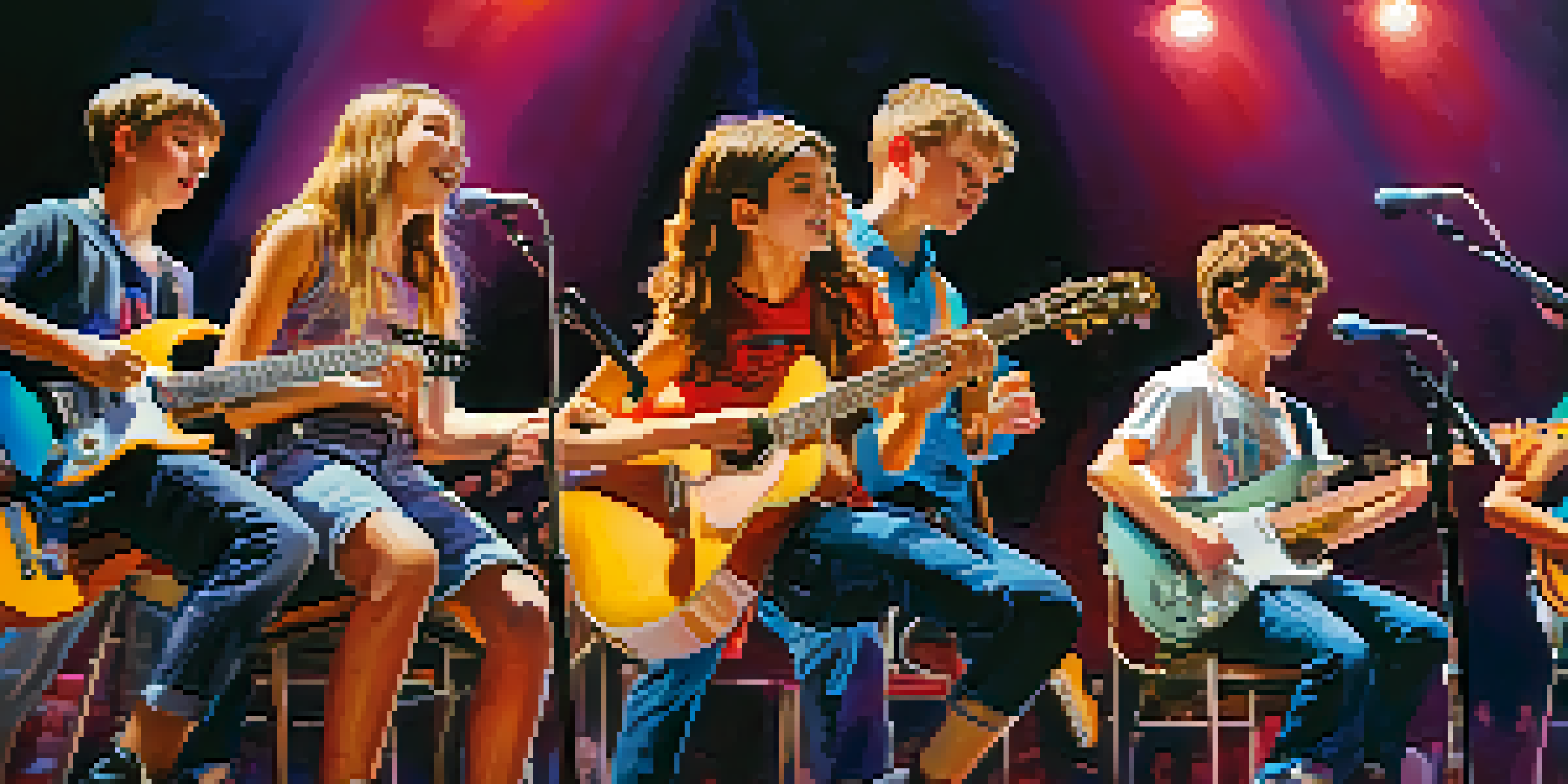 Young guitarists performing on stage at a competition, with colorful lights and an engaged audience.