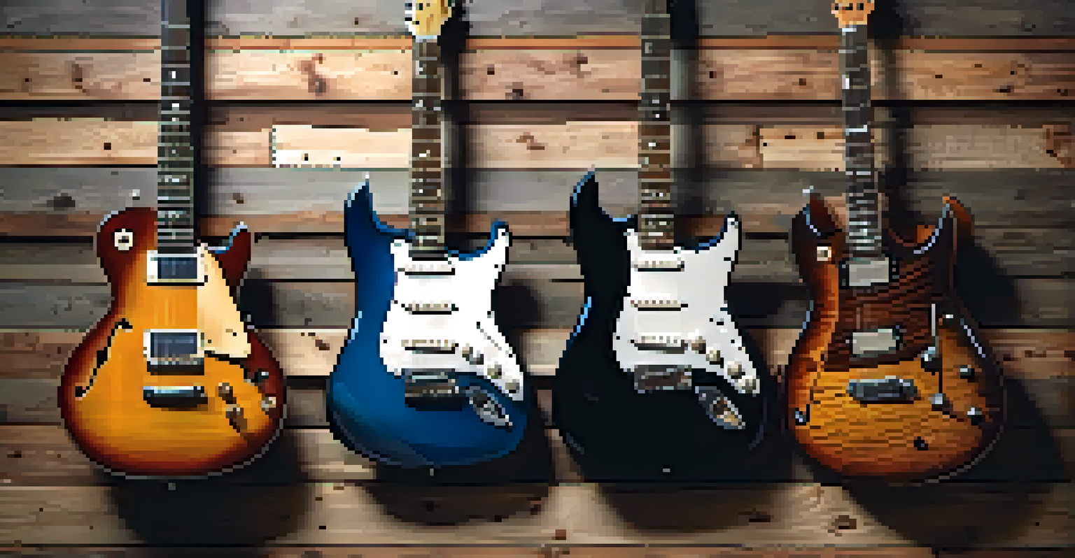 A collection of electric guitars hanging on a rustic wooden wall, showcasing different styles and colors.