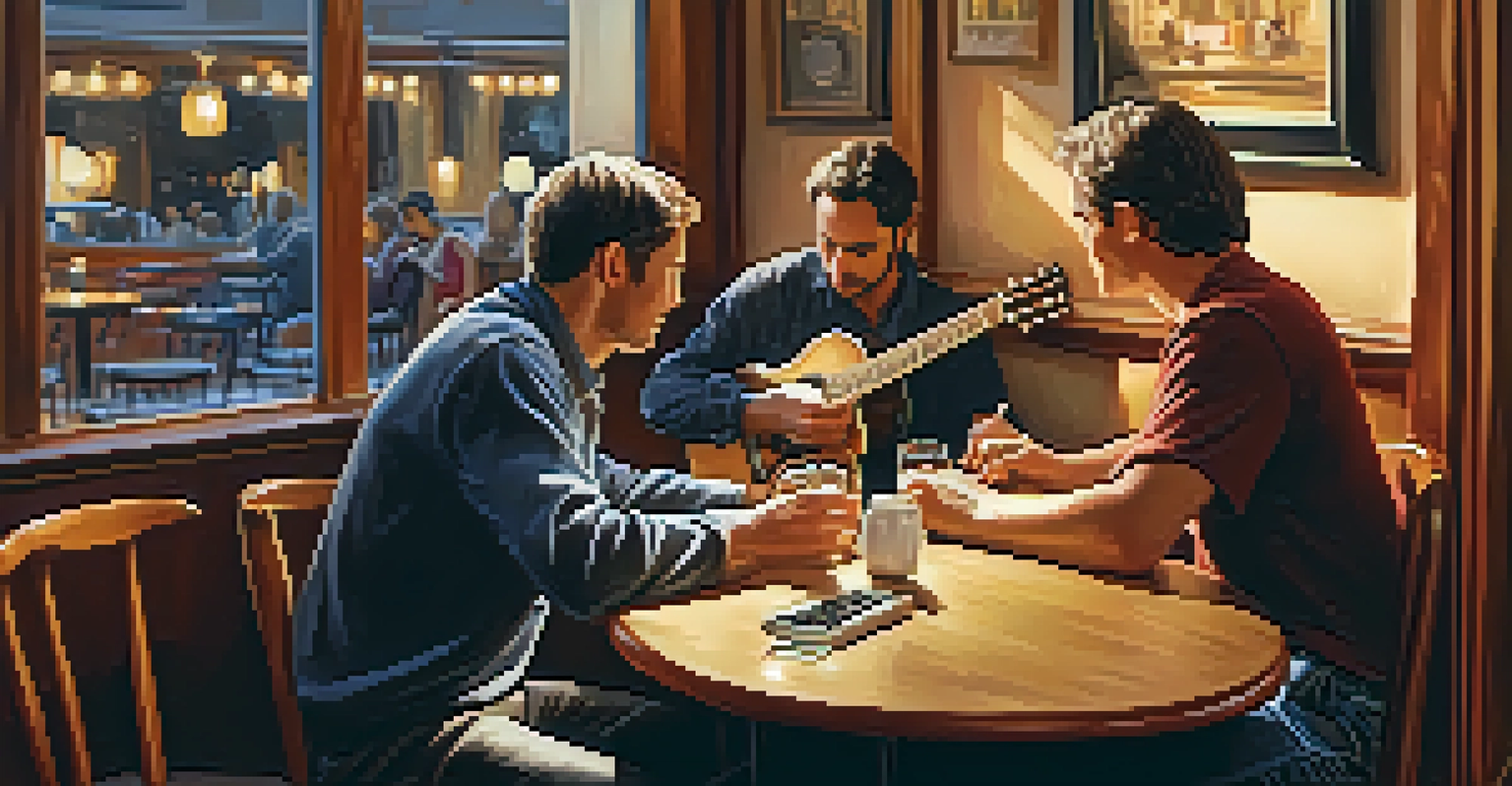 Close-up of a guitarist's hands playing an acoustic guitar in a cozy café setting.