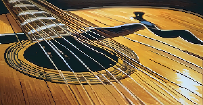 A close-up of an acoustic guitar on a wooden table with sunlight illuminating its details and a digital tuner beside it.