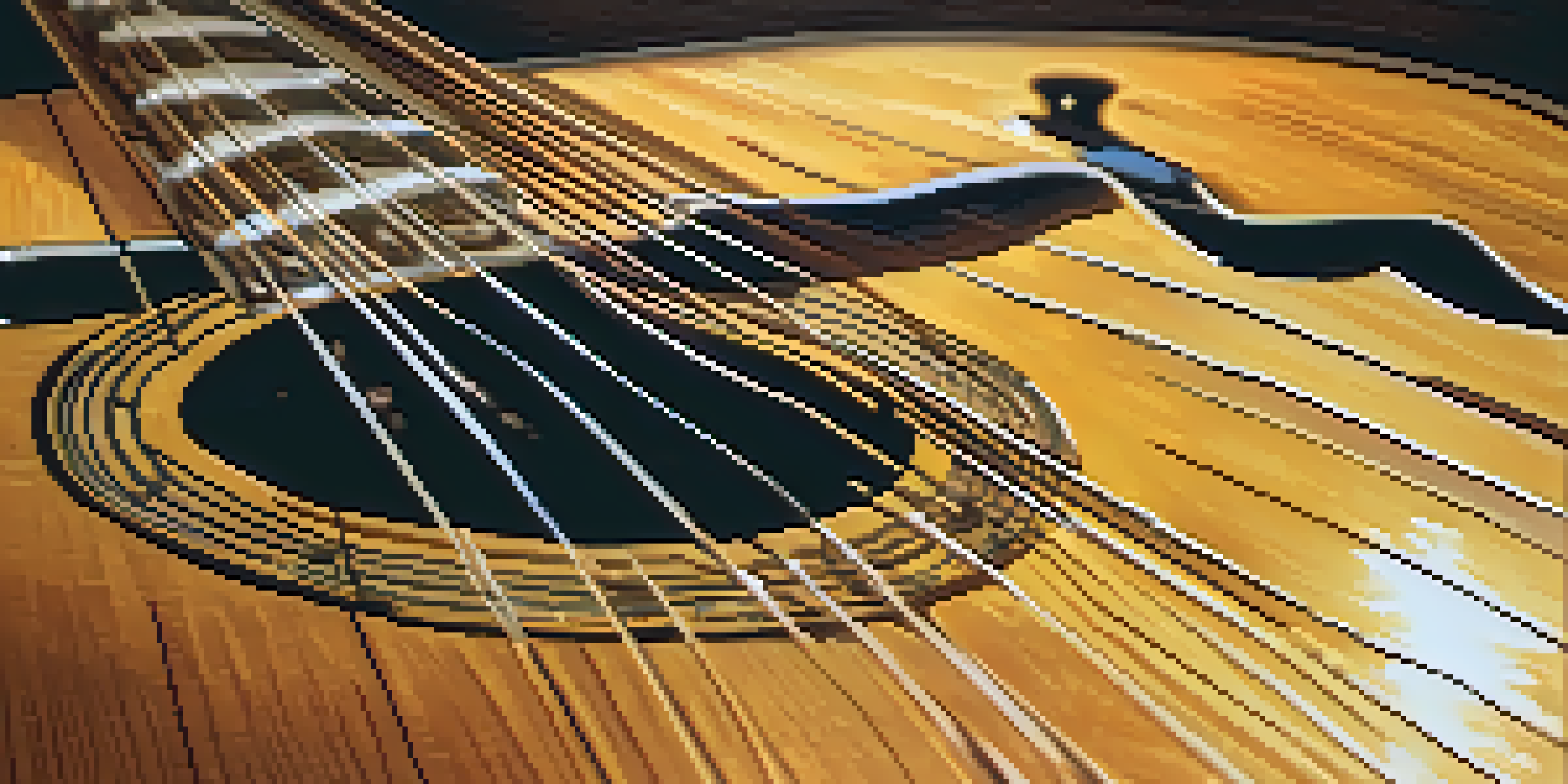 A close-up of an acoustic guitar on a wooden table with sunlight illuminating its details and a digital tuner beside it.