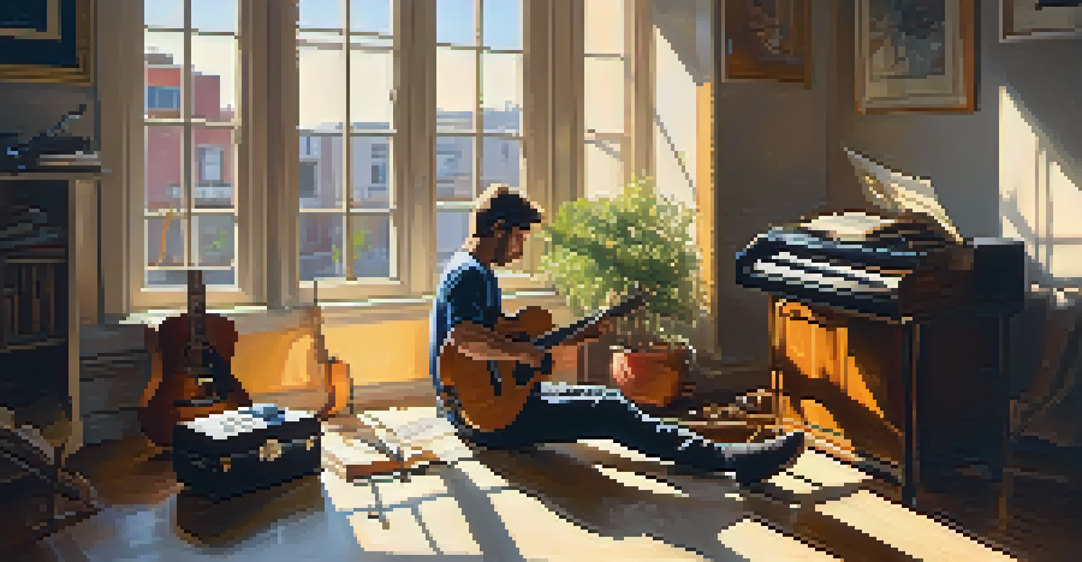 A musician in a sunlit room adjusting a capo on a guitar, surrounded by other guitars and songbooks with sunlight casting shadows.