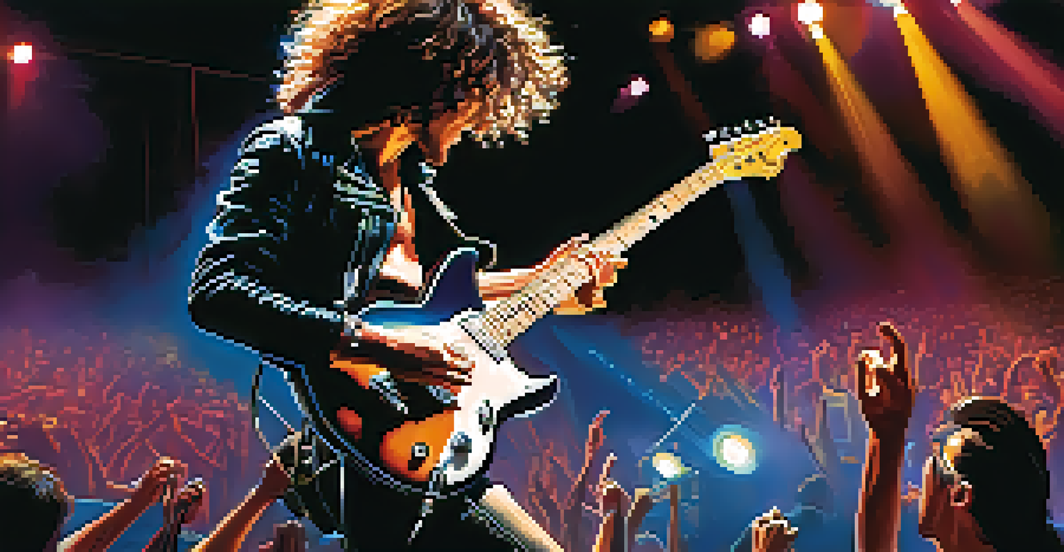 An electric guitarist performing on stage at a rock concert, with colorful lights and an engaged audience.