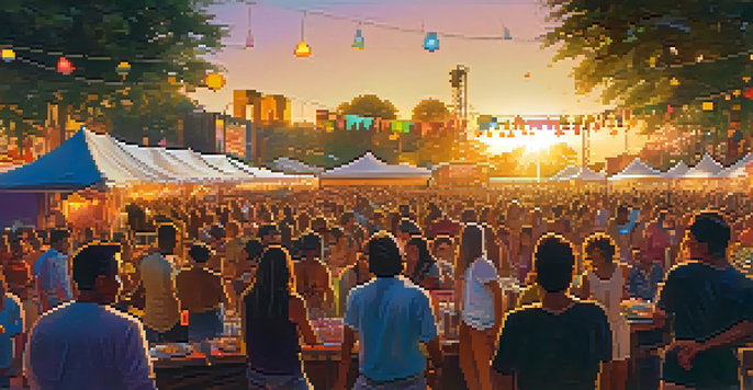 A lively music festival with colorful lights, diverse crowd, and musicians performing on stage during sunset.
