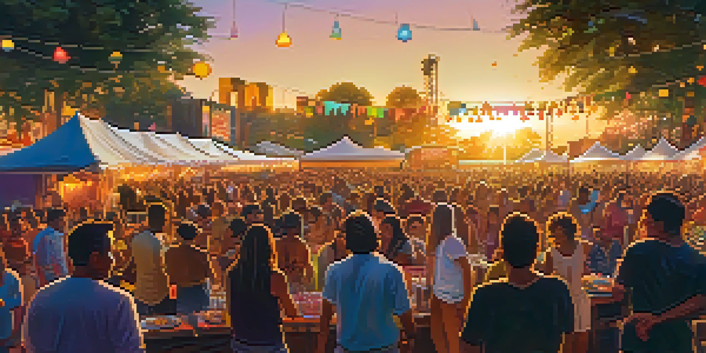 A lively music festival with colorful lights, diverse crowd, and musicians performing on stage during sunset.