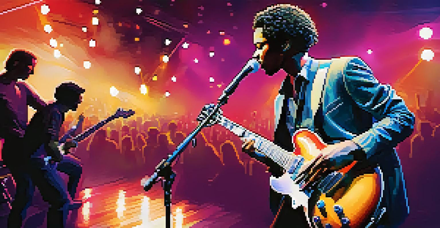 A modern jazz guitarist on stage with colorful lights, passionately playing an electric guitar in front of an engaged audience.