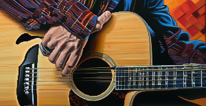 A close-up of a guitarist's hands strumming an acoustic guitar, showcasing detailed finger positioning and vibrant colors.