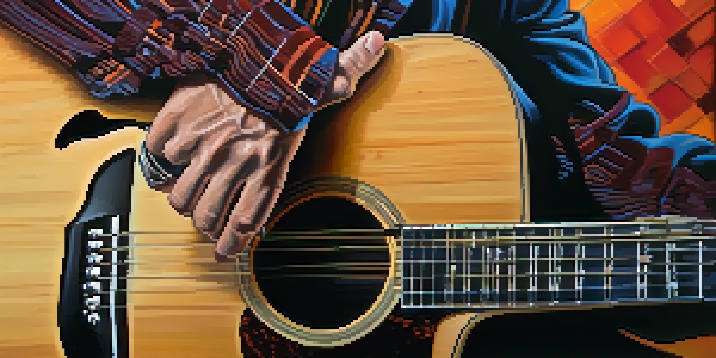 A close-up of a guitarist's hands strumming an acoustic guitar, showcasing detailed finger positioning and vibrant colors.
