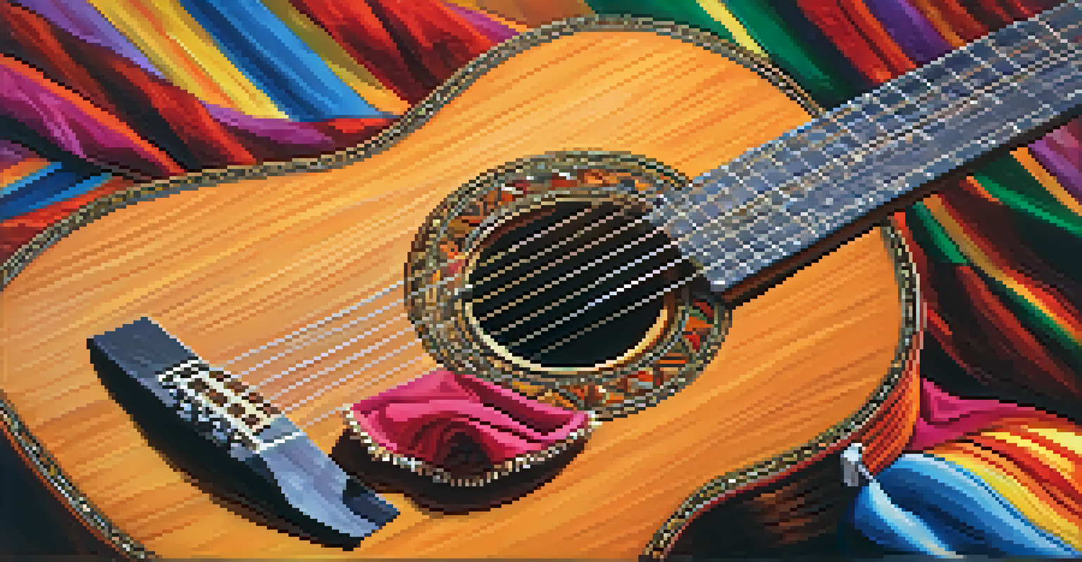 A close-up of a beautifully crafted Flamenco guitar with vibrant dance shoes and shawls in the background.