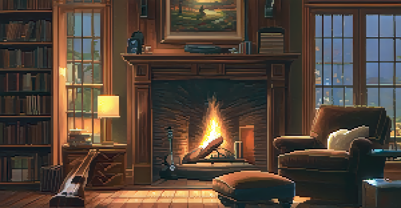 A guitarist practicing in a cozy room with a fireplace and music books around.