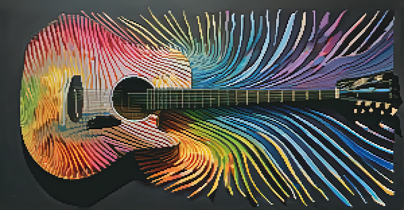 An artistic representation of sound waves and musical notes emanating from a guitar, with a silhouette of a guitarist in the foreground.