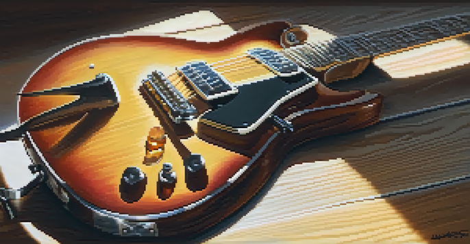 A close-up view of a vintage electric guitar resting on a wooden table, illuminated by sunlight, showcasing its detailed craftsmanship.